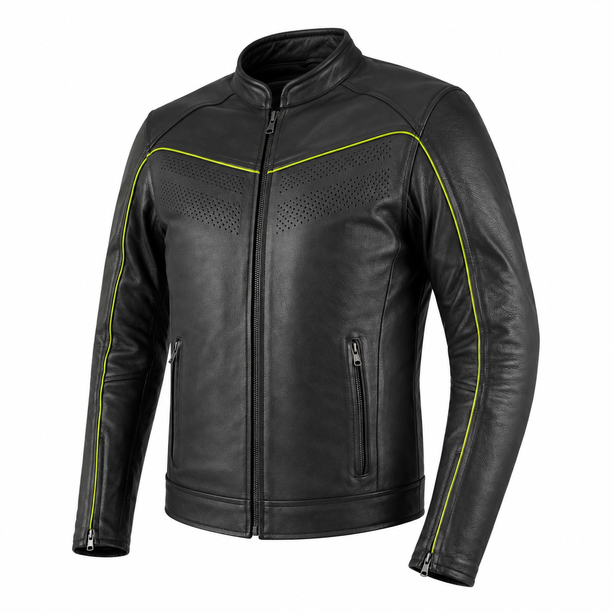 Neon Borough High-Visibility Piped Leather Jacket three-quarter leather detail view