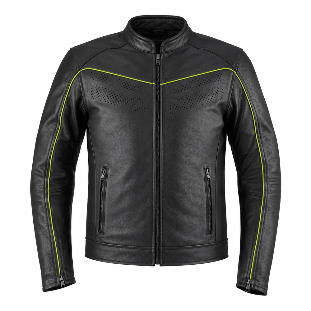 high visibility leather motorcycle jacket – Neon Borough High-Visibility Piped Leather Jacket front view