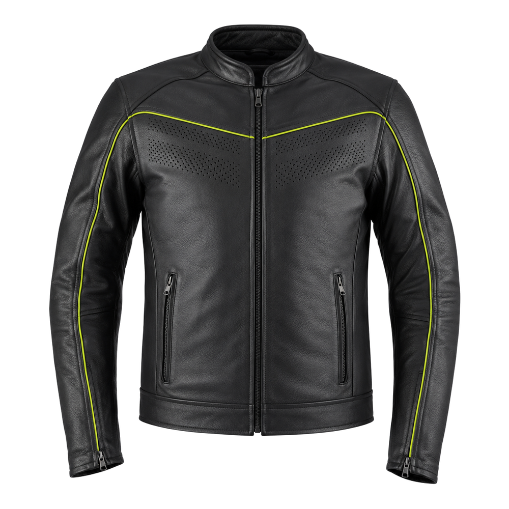 high visibility leather motorcycle jacket – Neon Borough High-Visibility Piped Leather Jacket front view
