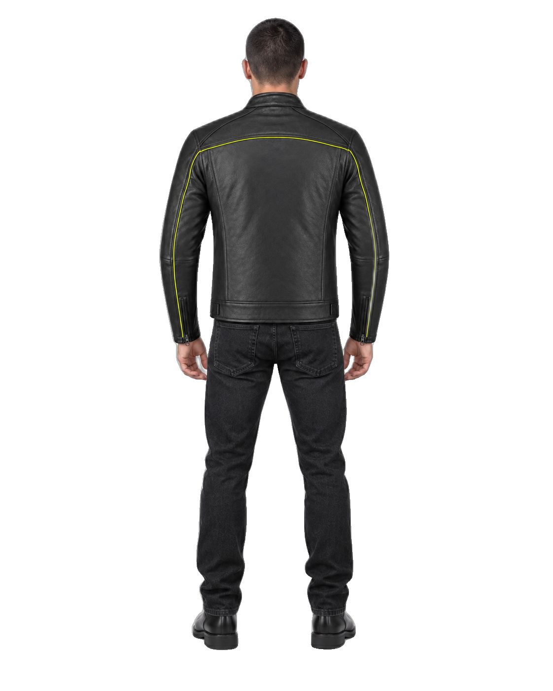Neon Borough High-Visibility Piped Leather Jacket back view on male model with transparent background