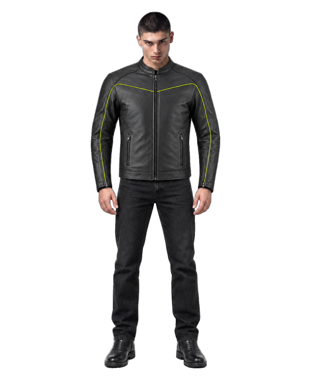 Neon Borough High-Visibility Piped Leather Jacket front view on male model with transparent background