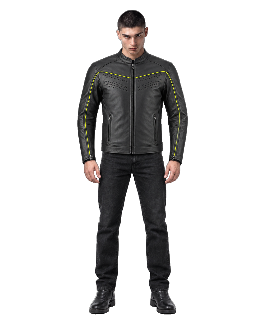 Neon Borough High-Visibility Piped Leather Jacket front view on male model with transparent background
