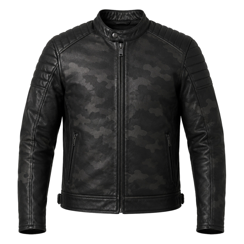 Night Camo Black classic cruiser leather motorcycle jacket front hero view