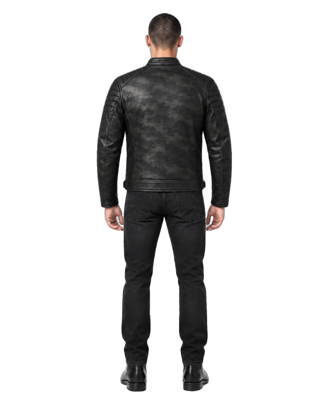 Night Camo Black Leather Cruiser Jacket back view on male model with transparent background
