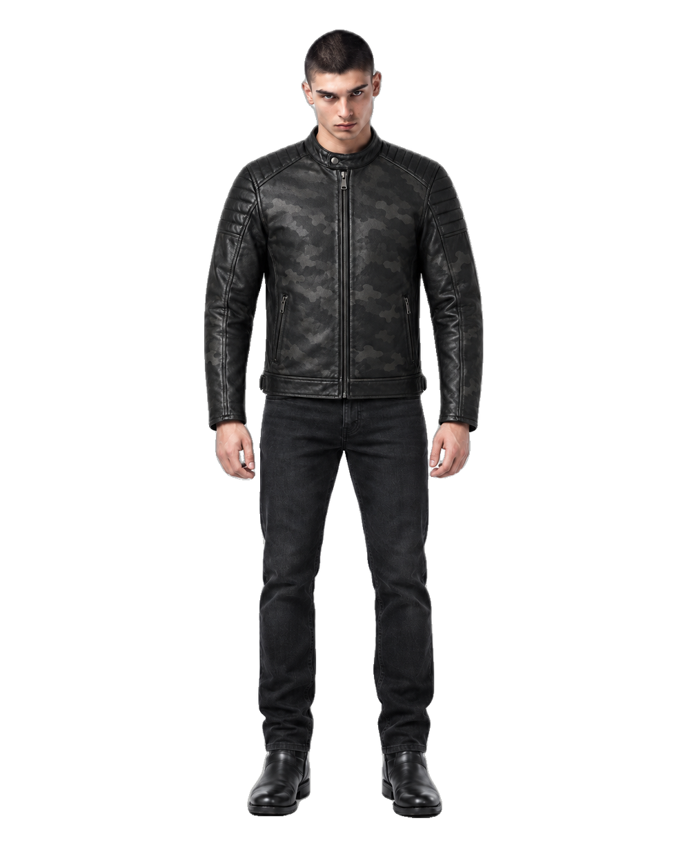 Night Camo Black Leather Cruiser Jacket front view on male model with transparent background