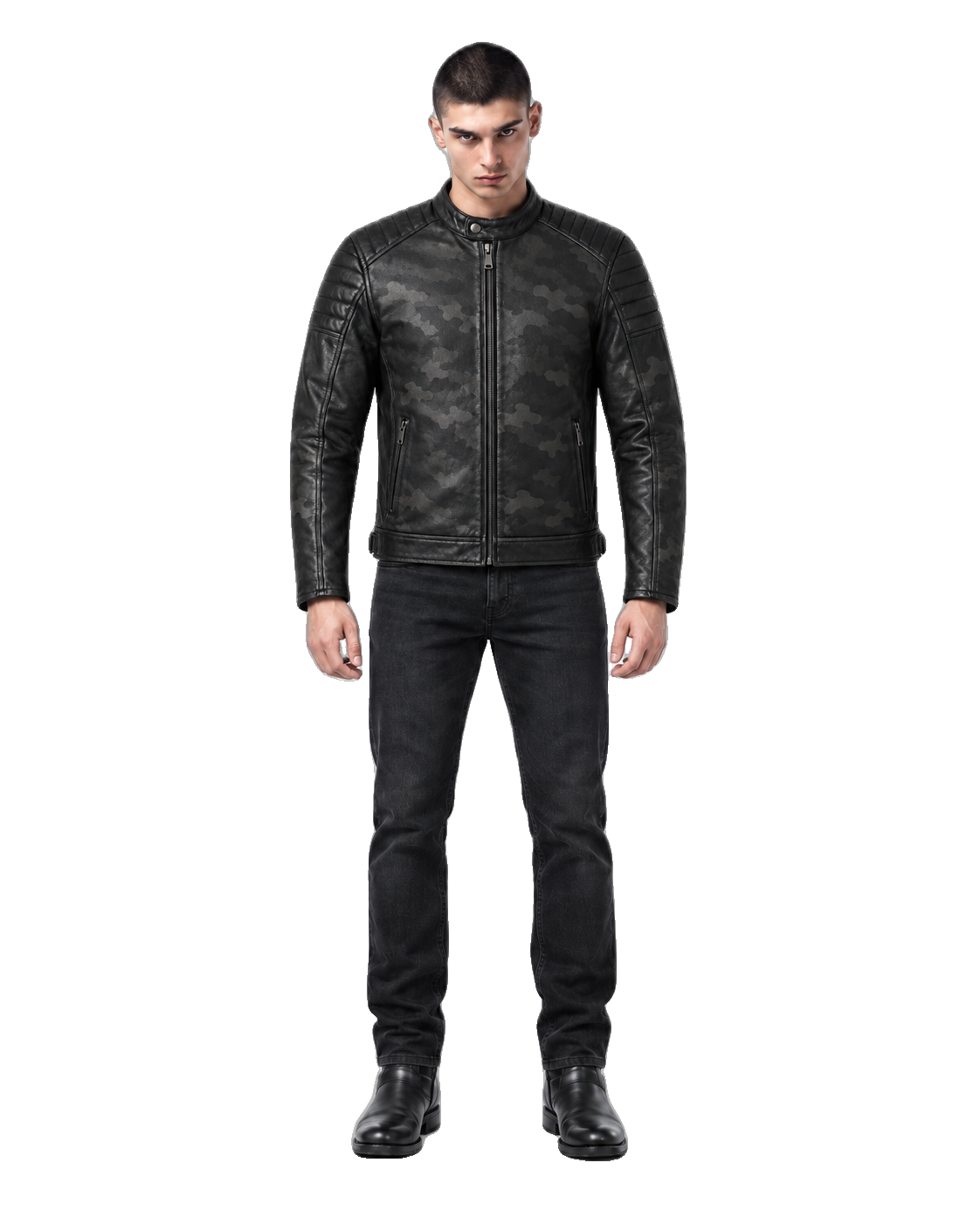 Night Camo Black Leather Cruiser Jacket front view on male model with transparent background