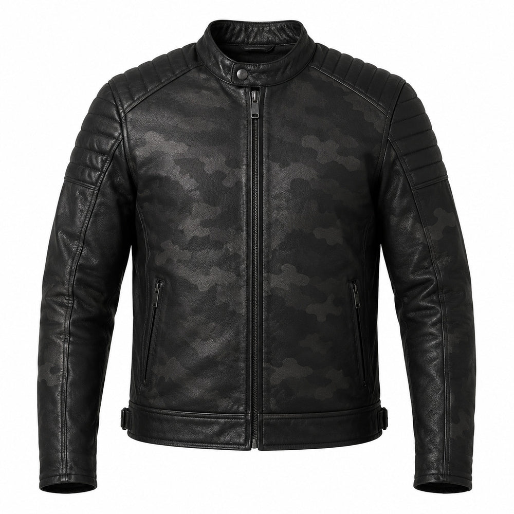 Night Camo Black classic cruiser leather motorcycle jacket front hero view