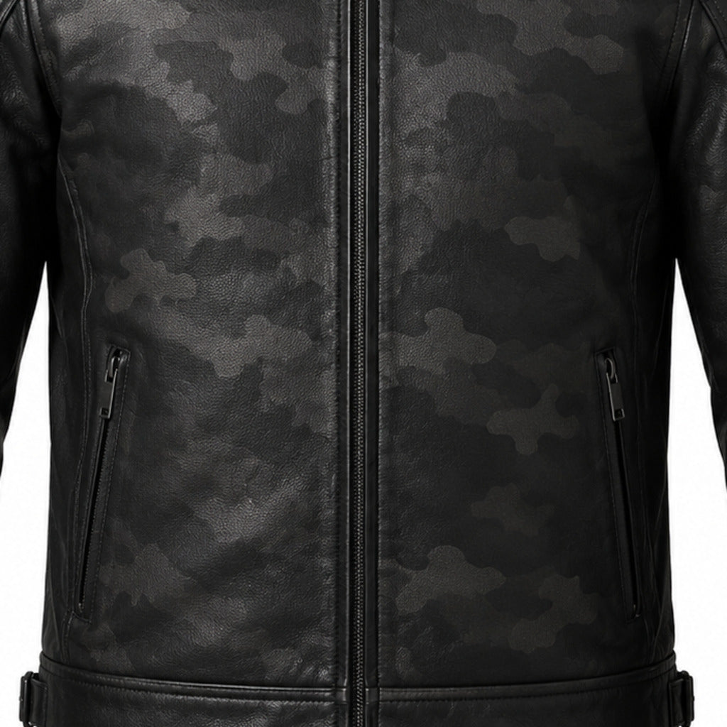 Night Camo Black classic cruiser leather motorcycle jacket leather and hardware detail