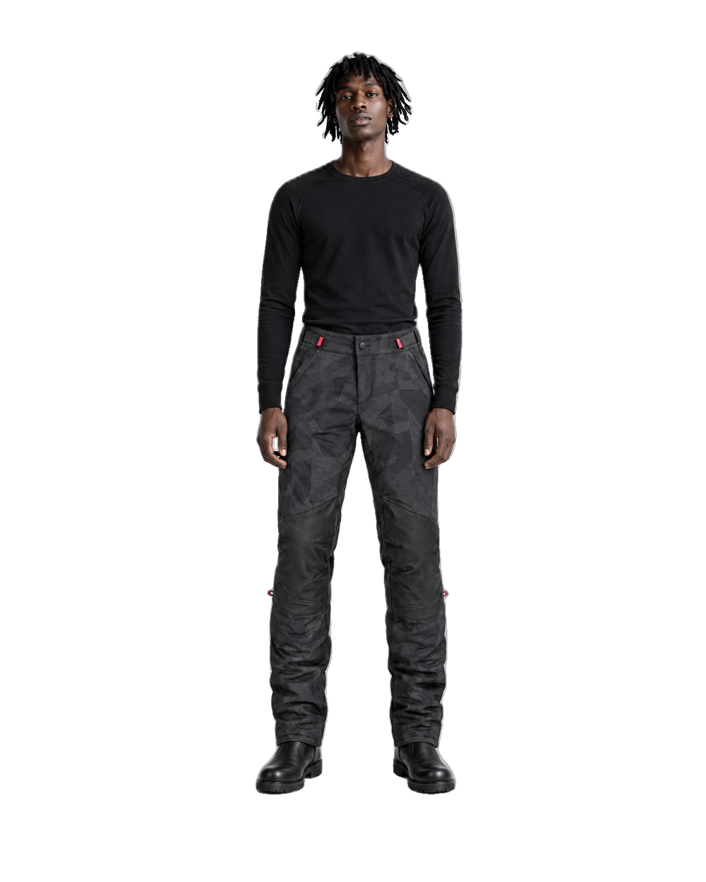 NightCamo Black Charcoal Waterproof Textile Motorcycle Pants front view on male model on transparent background