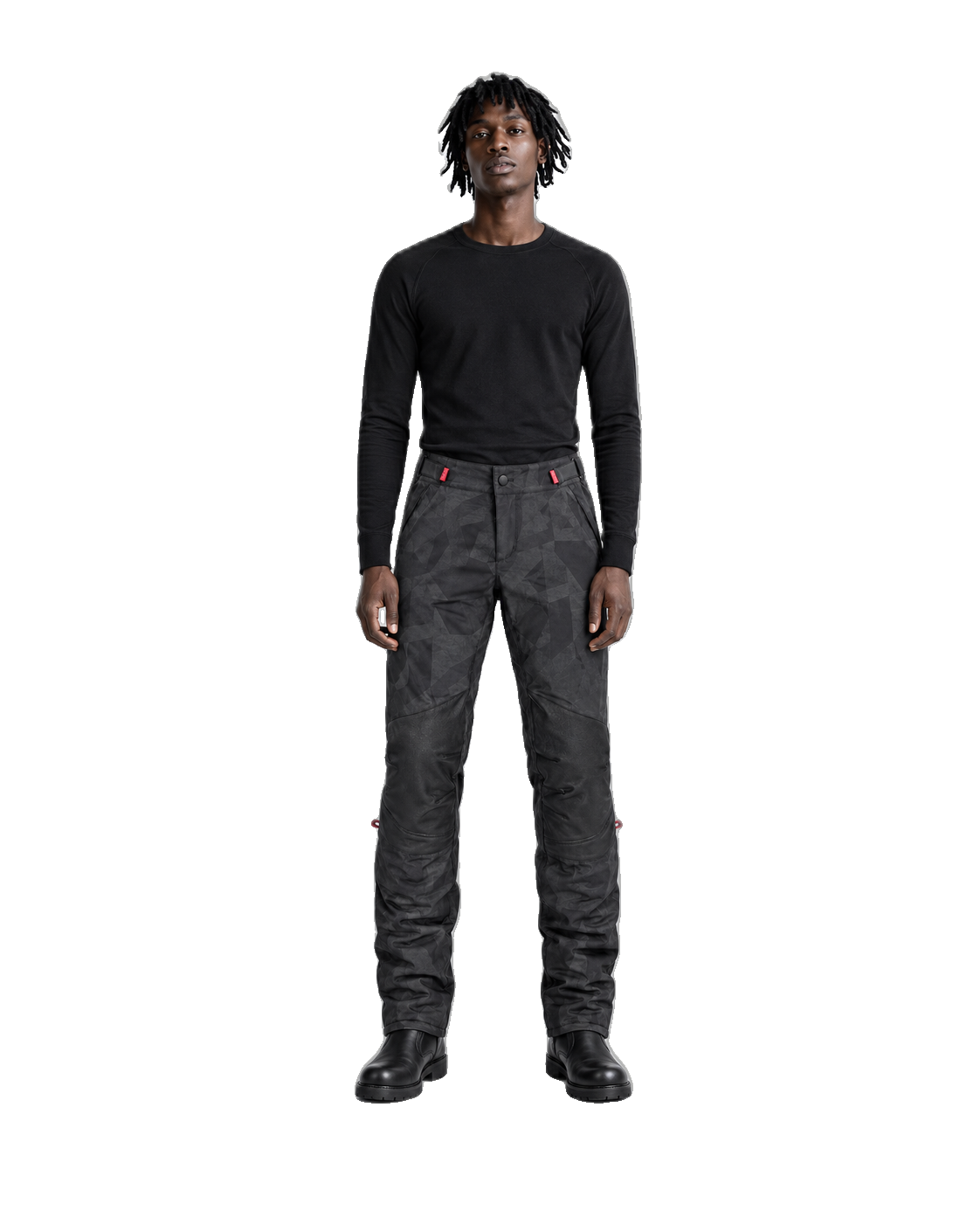 NightCamo Black Charcoal Waterproof Textile Motorcycle Pants front view on male model on transparent background