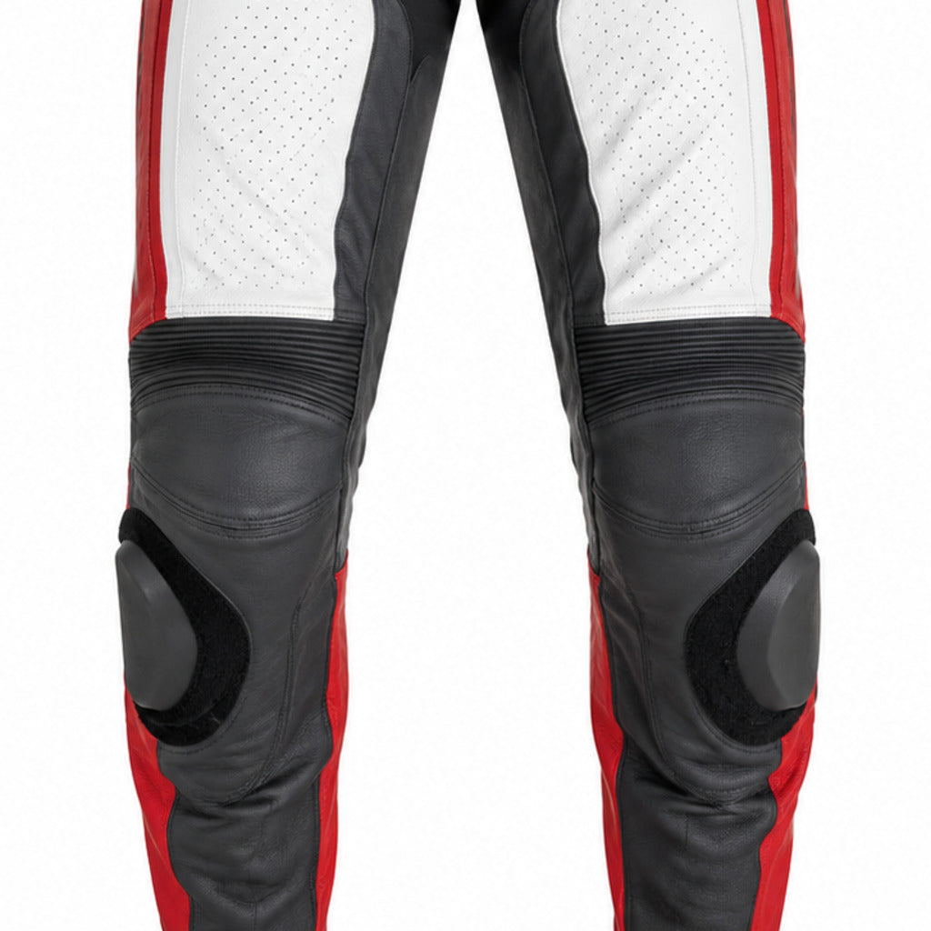 NightCamo Tech Leather Motorcycle Racing Pants knee panels leather and stitching detail