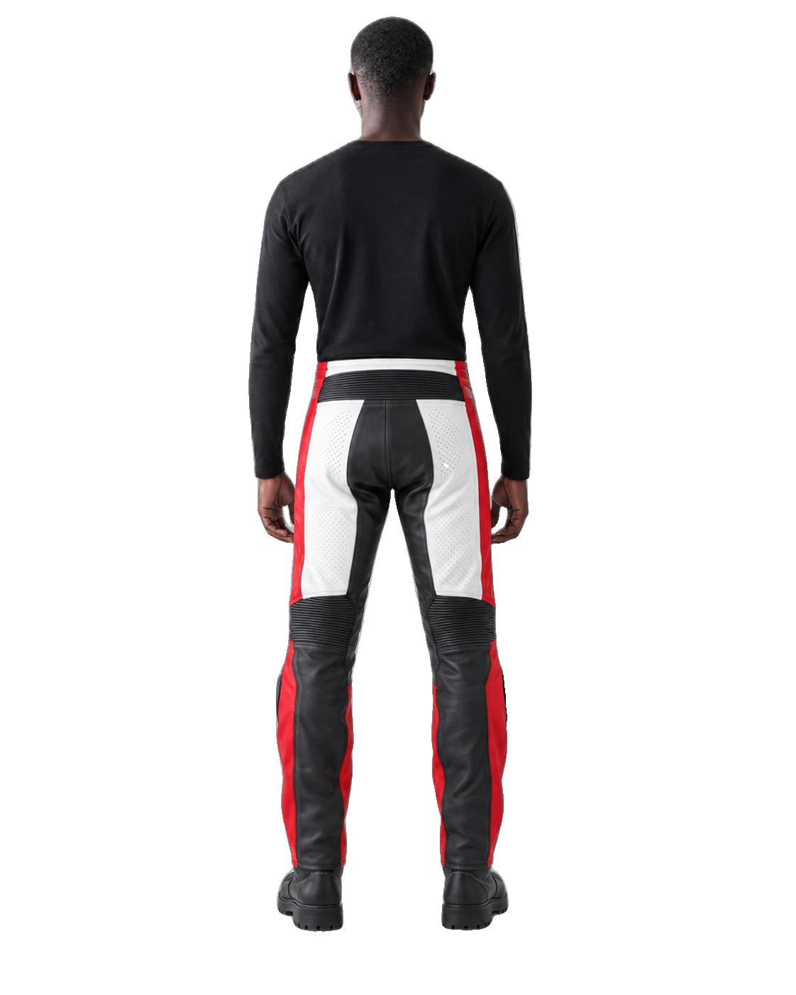 NightCamo Tech Leather Motorcycle Racing Pants back view on male model transparent background