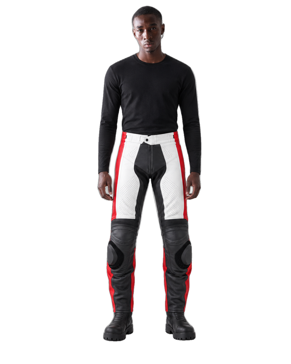 NightCamo Tech Leather Motorcycle Racing Pants front view on male model transparent background