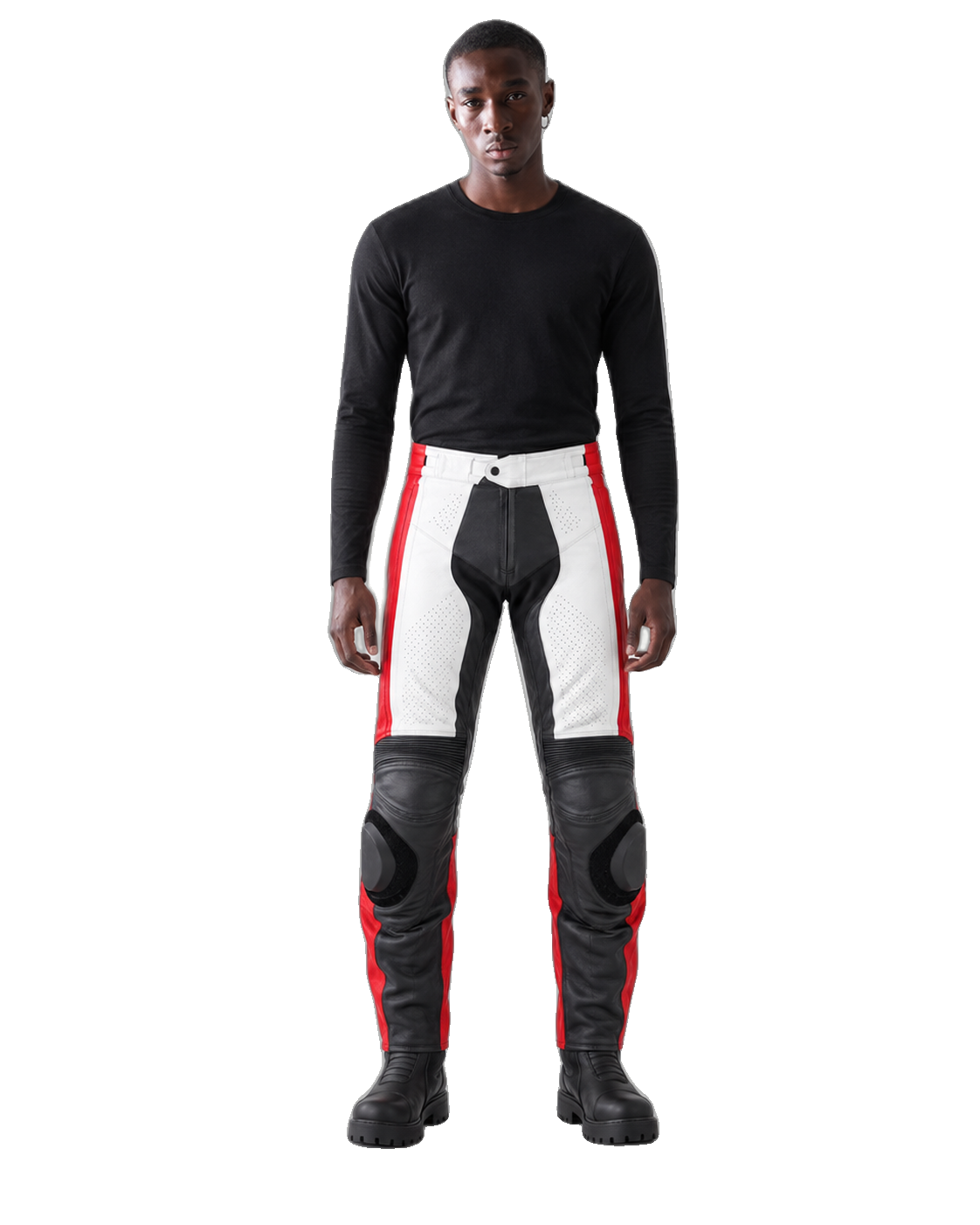 NightCamo Tech Leather Motorcycle Racing Pants front view on male model transparent background