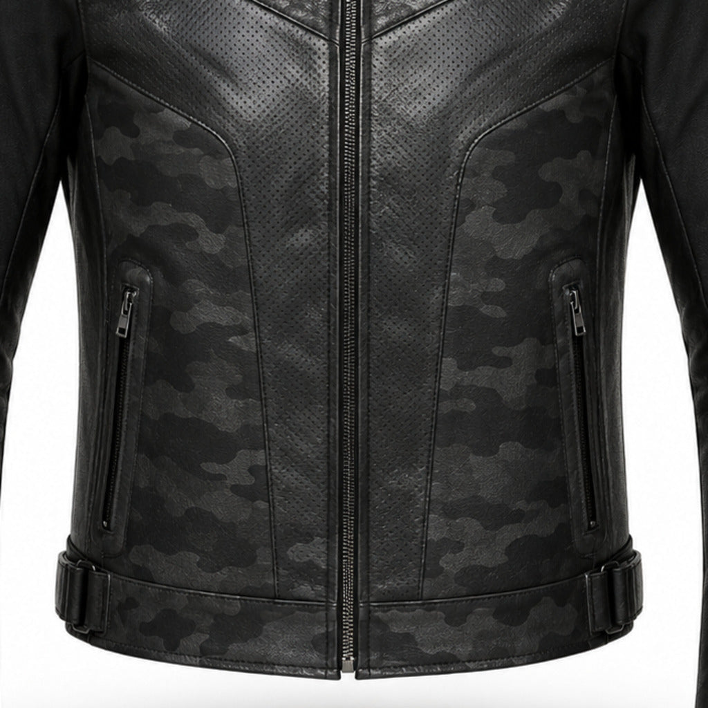 NightCamo Tech R Leather Motorcycle Racing Jacket leather panels stitching and hardware detail