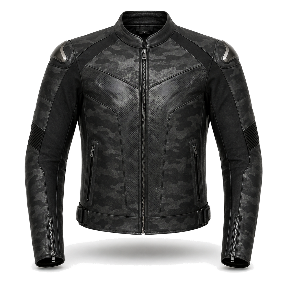 NightCamo Tech R original black camo motorcycle jacket front view