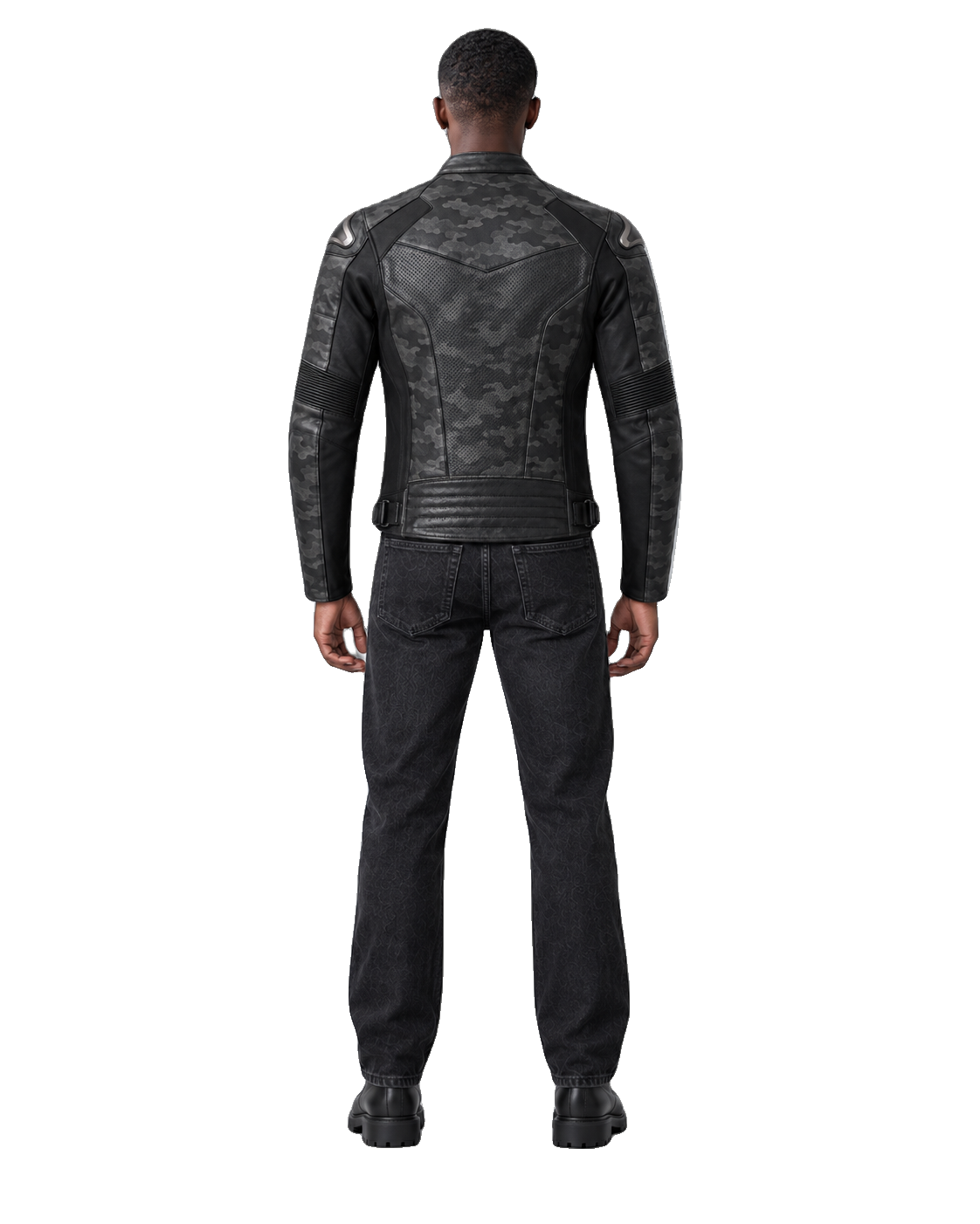 NightCamo Tech R Leather Motorcycle Racing Jacket back view on male model with transparent background