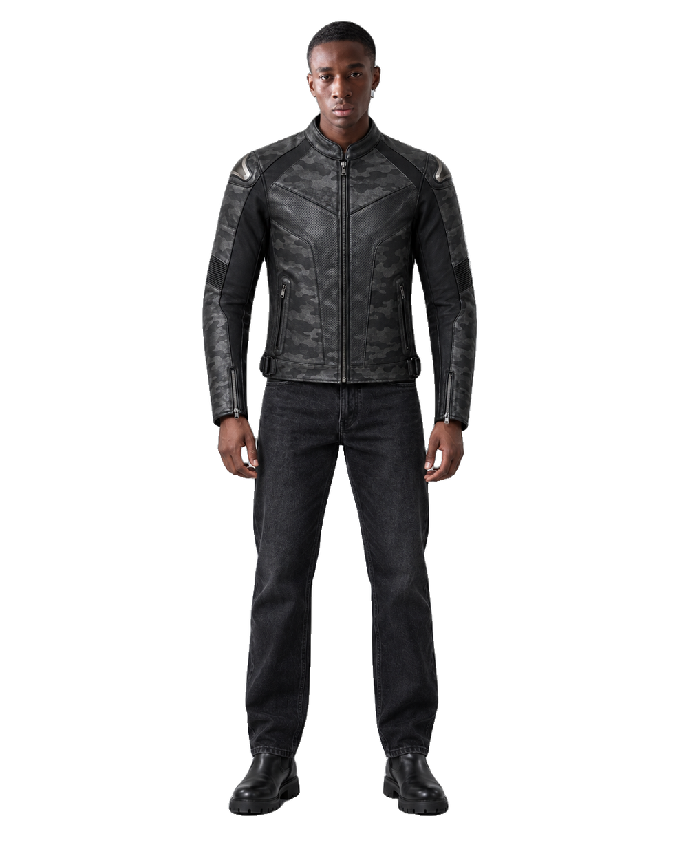 NightCamo Tech R Leather Motorcycle Racing Jacket front view on male model with transparent background