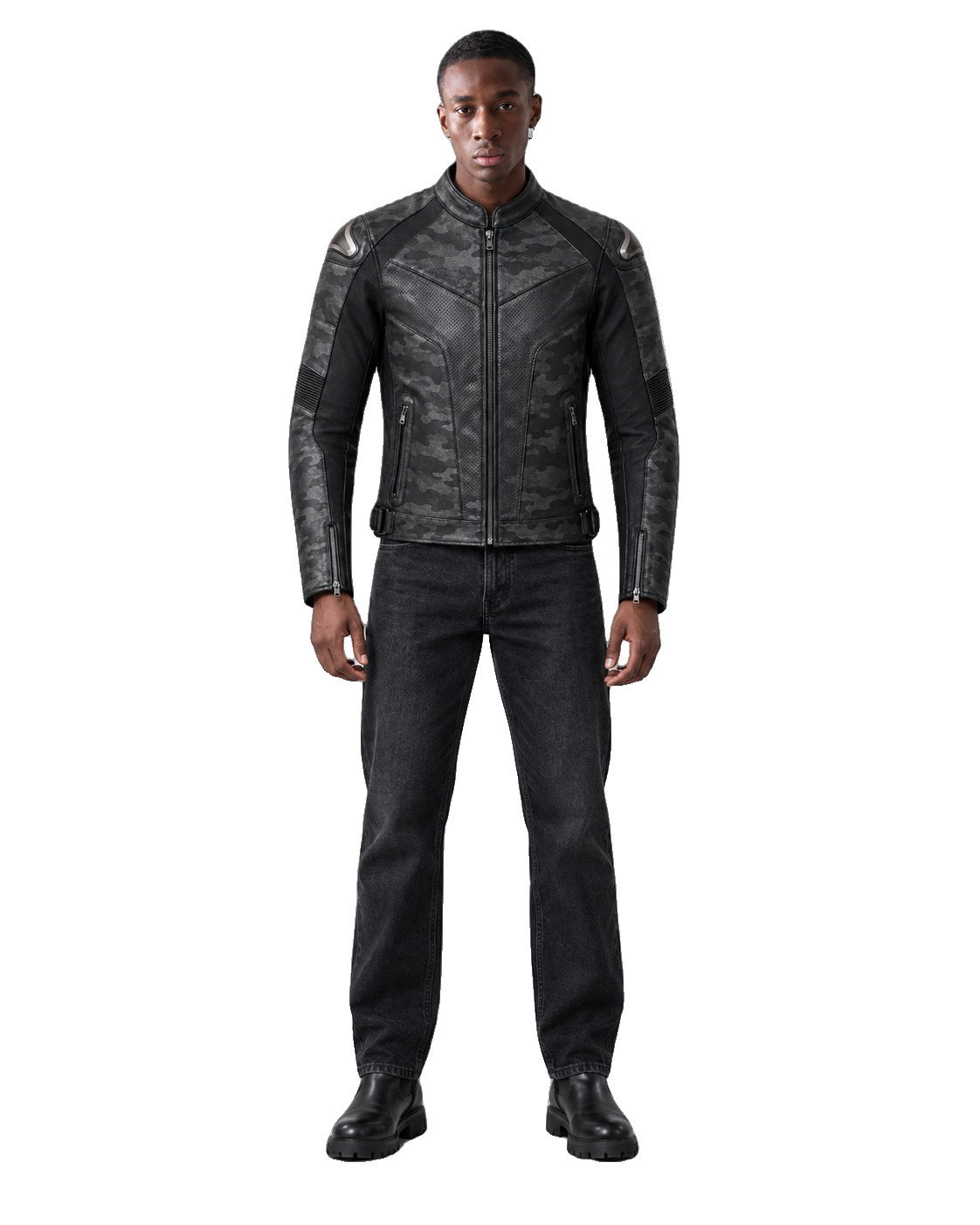 NightCamo Tech R Leather Motorcycle Racing Jacket front view on male model with transparent background
