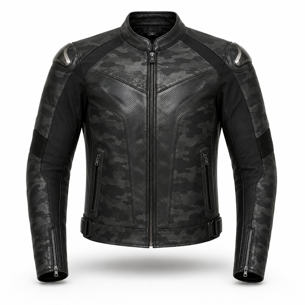 NightCamo Tech R original black camo motorcycle jacket front view