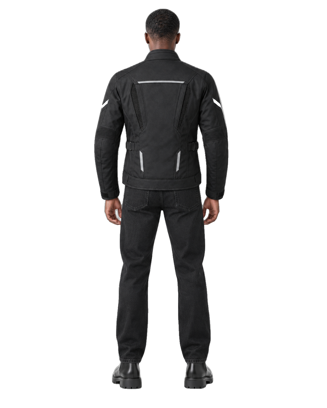 Nightfall Transit All-Season Motorcycle Jacket back view on male model with transparent background