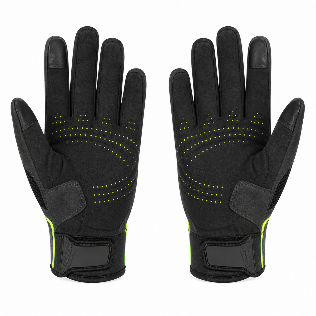 Palm view of NightPulse gloves with lime micro-grip arcs