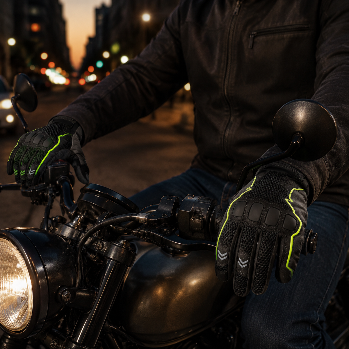 Night commuter wearing NightPulse reflective motorcycle gloves