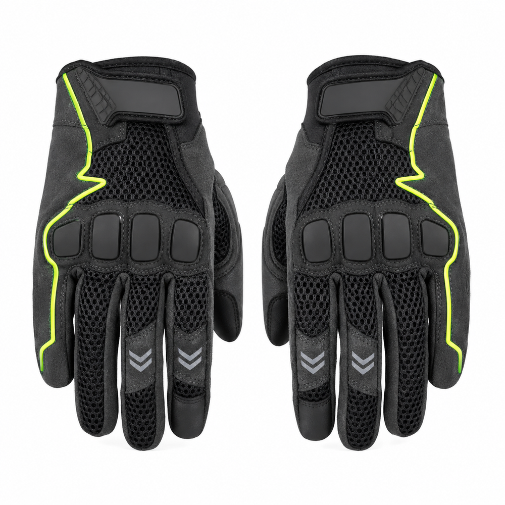 NightPulse reflective mesh motorcycle gloves in black with lime piping