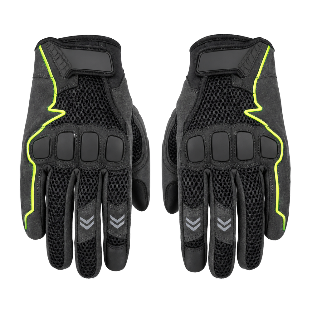 NightPulse reflective mesh motorcycle gloves in black with lime piping