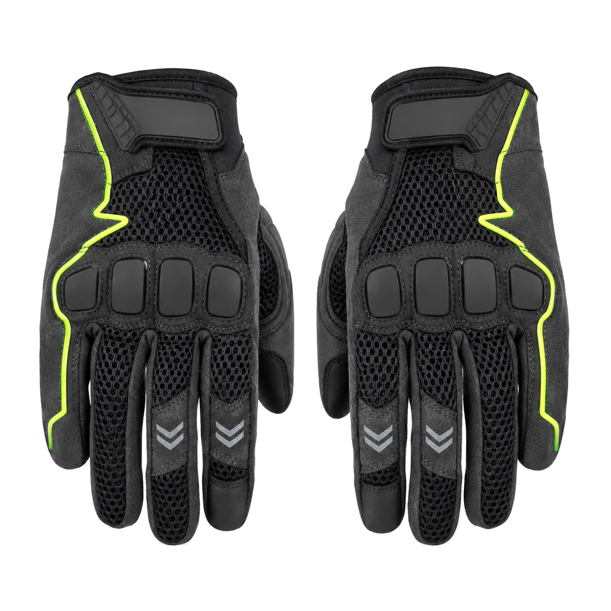 NightPulse reflective mesh motorcycle gloves in black with lime piping
