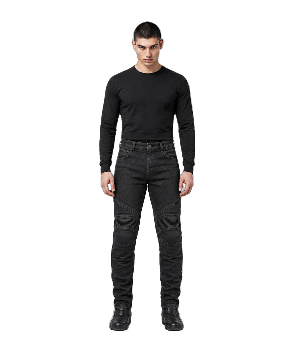 Nightshift Reinforced Armored Motorcycle Riding Jeans front view on male model on transparent background