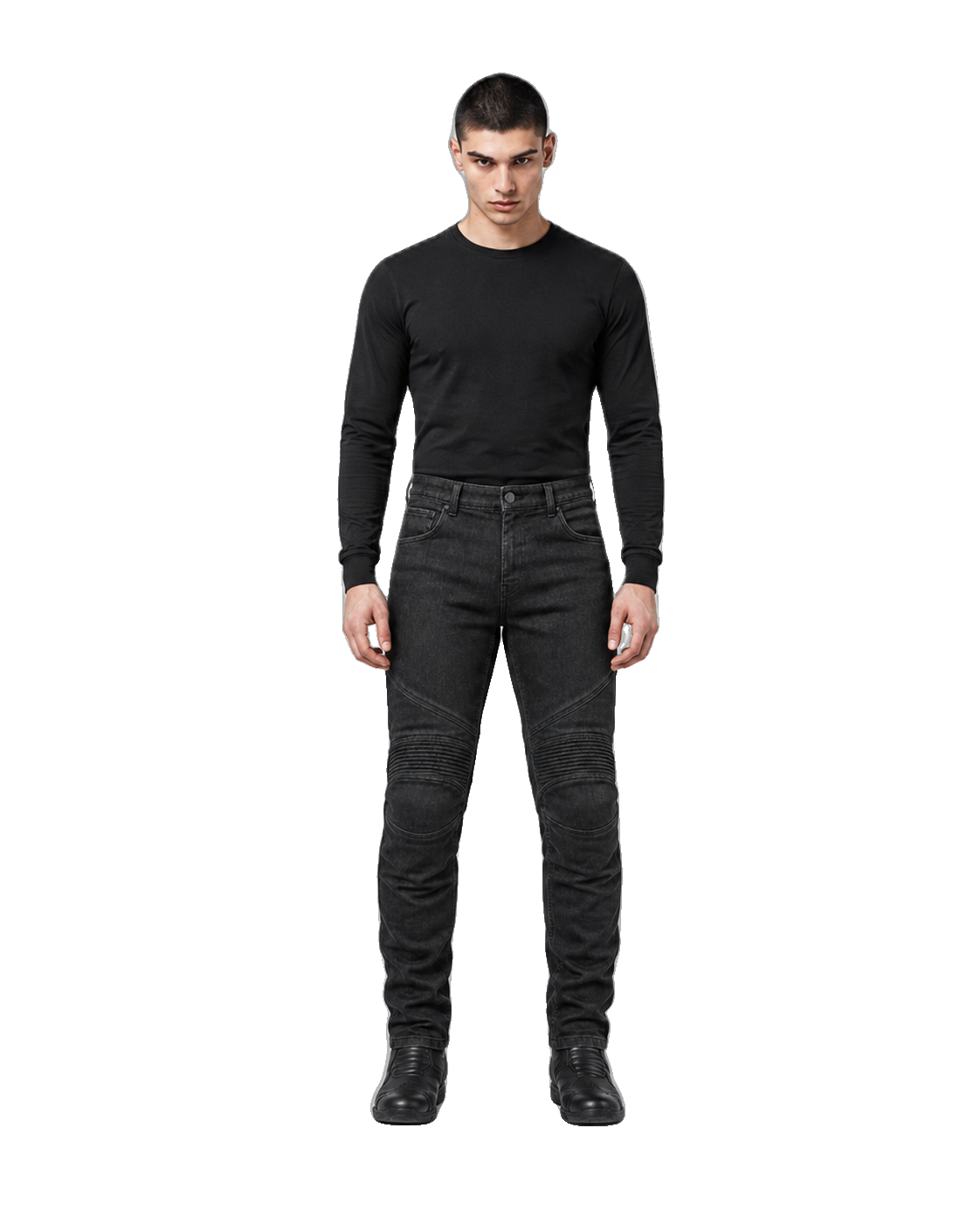 Nightshift Reinforced Armored Motorcycle Riding Jeans front view on male model on transparent background