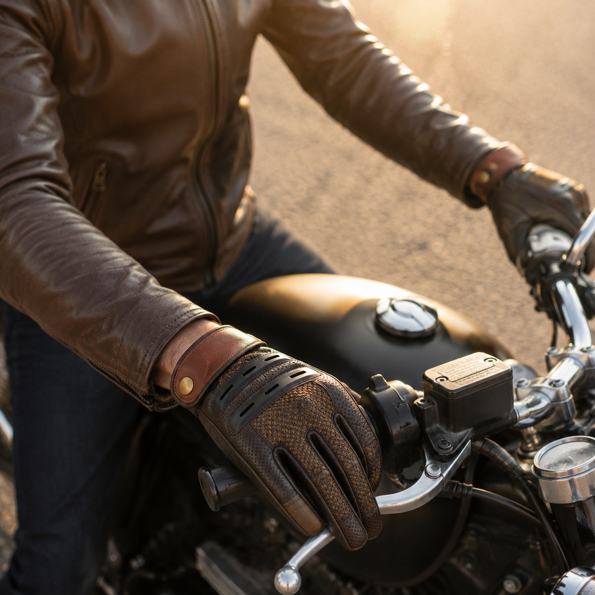 Classic roadster rider wearing NobleAir premium mesh leather gloves