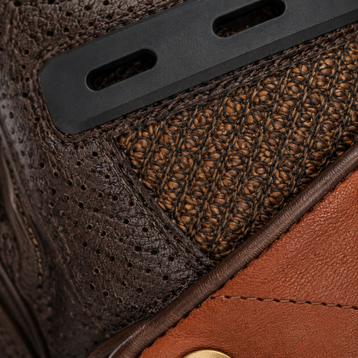 Close-up of NobleAir perforated leather, woven mesh and slotted rail