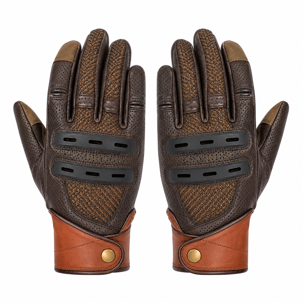 NobleAir premium mesh leather motorcycle gloves in espresso and cognac