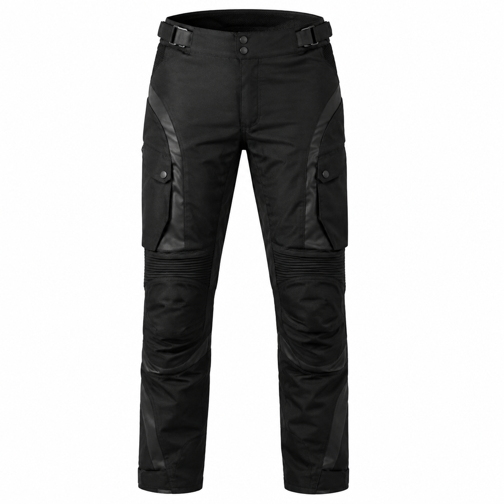 ObsidianCore black waterproof textile motorcycle pants — full front catalog view