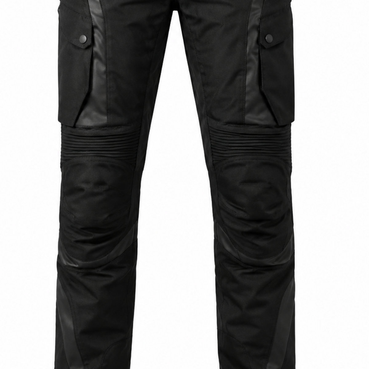 ObsidianCore black waterproof textile motorcycle pants — knee, lower-leg and cuff detail