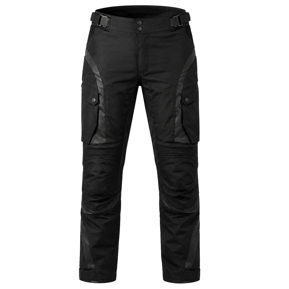 ObsidianCore black waterproof textile motorcycle pants — full front catalog view