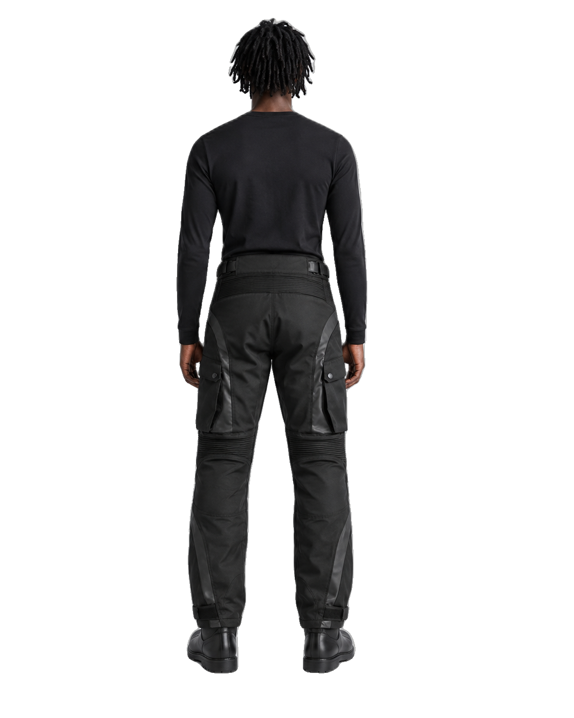 ObsidianCore Black Waterproof Textile Motorcycle Pants back view on male model on transparent background