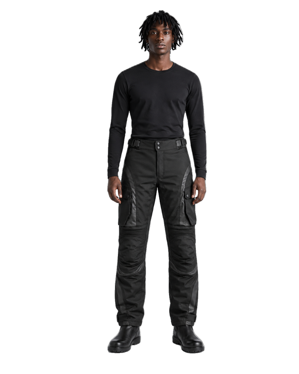 ObsidianCore Black Waterproof Textile Motorcycle Pants front view on male model on transparent background