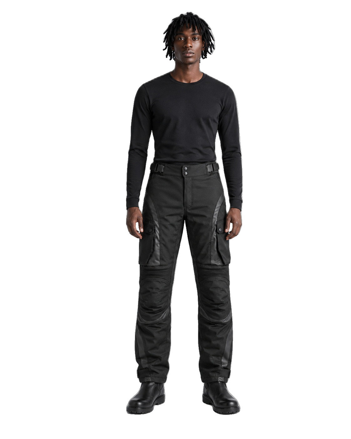 ObsidianCore Black Waterproof Textile Motorcycle Pants front view on male model on transparent background