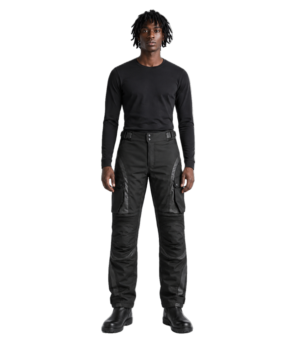 ObsidianCore Black Waterproof Textile Motorcycle Pants front view on male model on transparent background