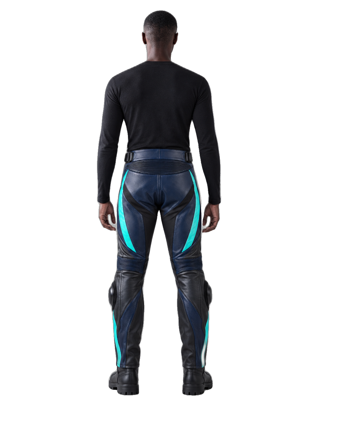 OceanBlade Leather Motorcycle Racing Pants back view on male model transparent background