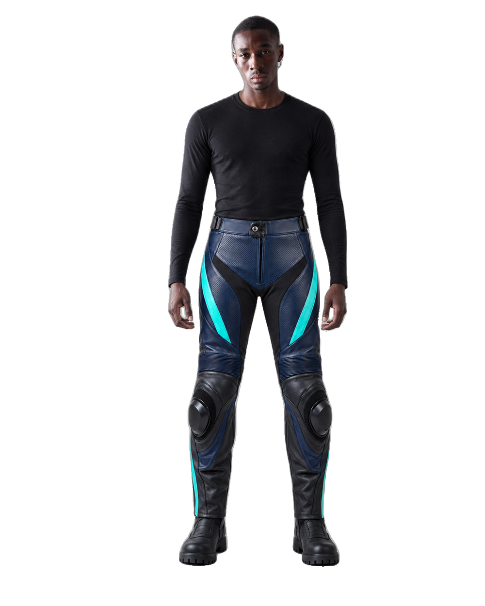 OceanBlade Leather Motorcycle Racing Pants front view on male model transparent background