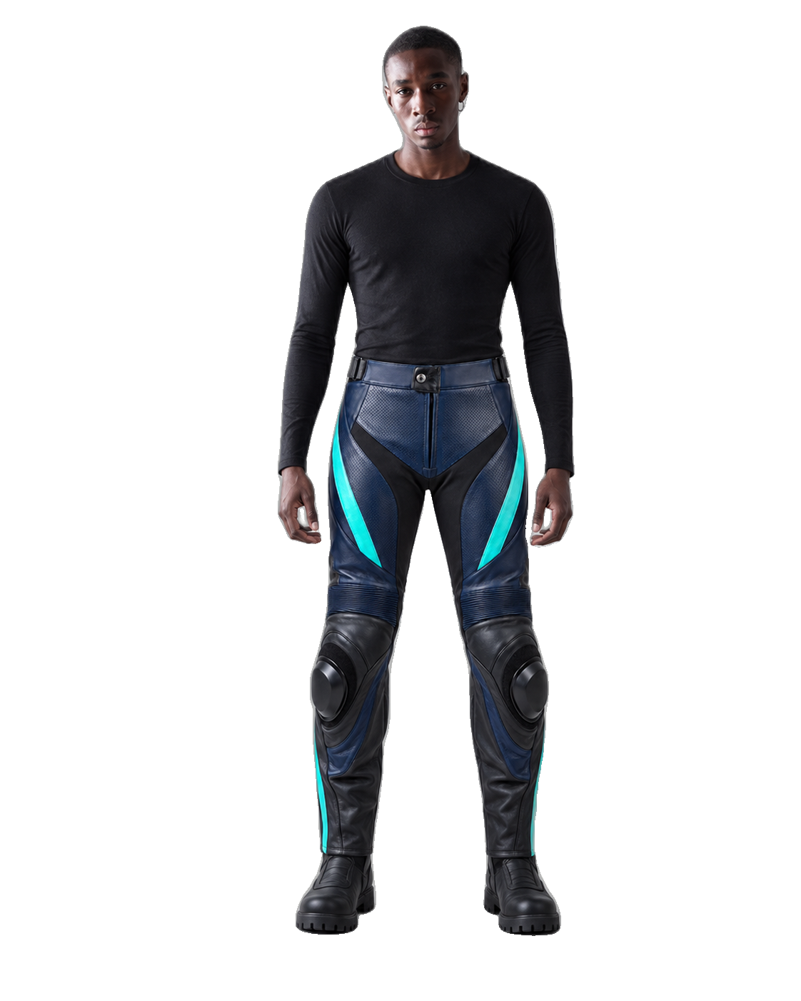 OceanBlade Leather Motorcycle Racing Pants front view on male model transparent background