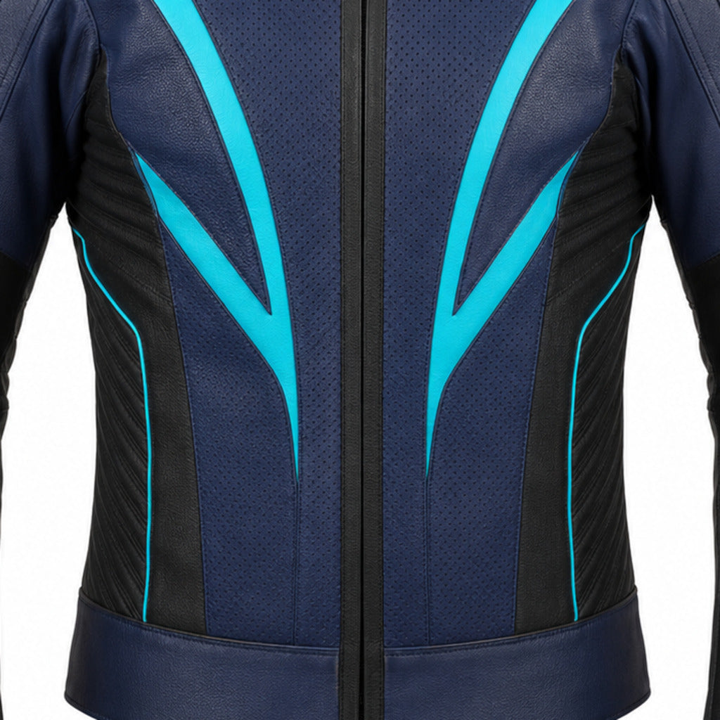 OceanBlade R Leather Motorcycle Racing Jacket leather panels stitching and hardware detail