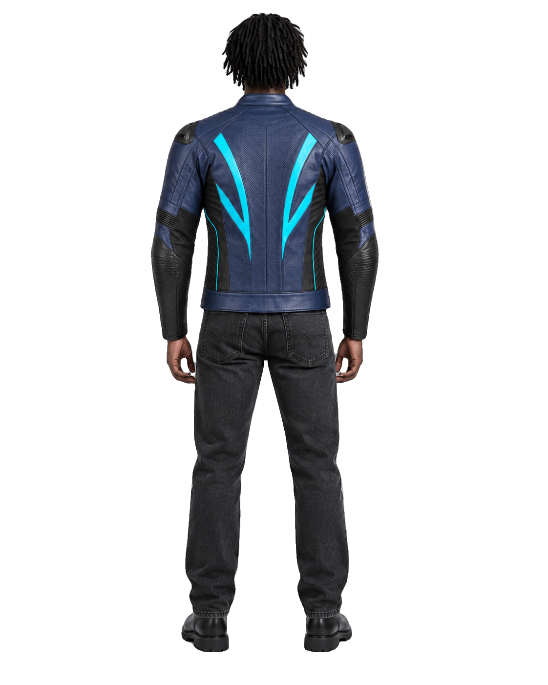 OceanBlade R Leather Motorcycle Racing Jacket back view on male model with transparent background