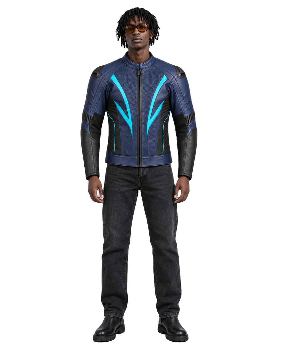 OceanBlade R Leather Motorcycle Racing Jacket front view on male model with transparent background
