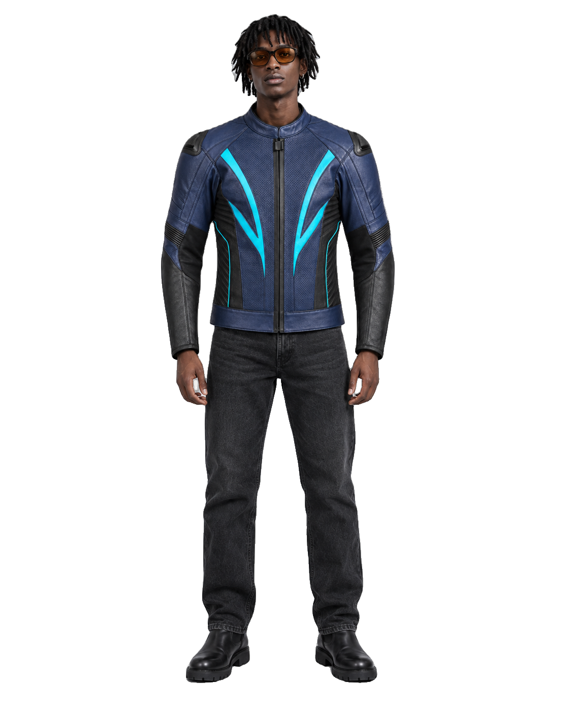 OceanBlade R Leather Motorcycle Racing Jacket front view on male model with transparent background
