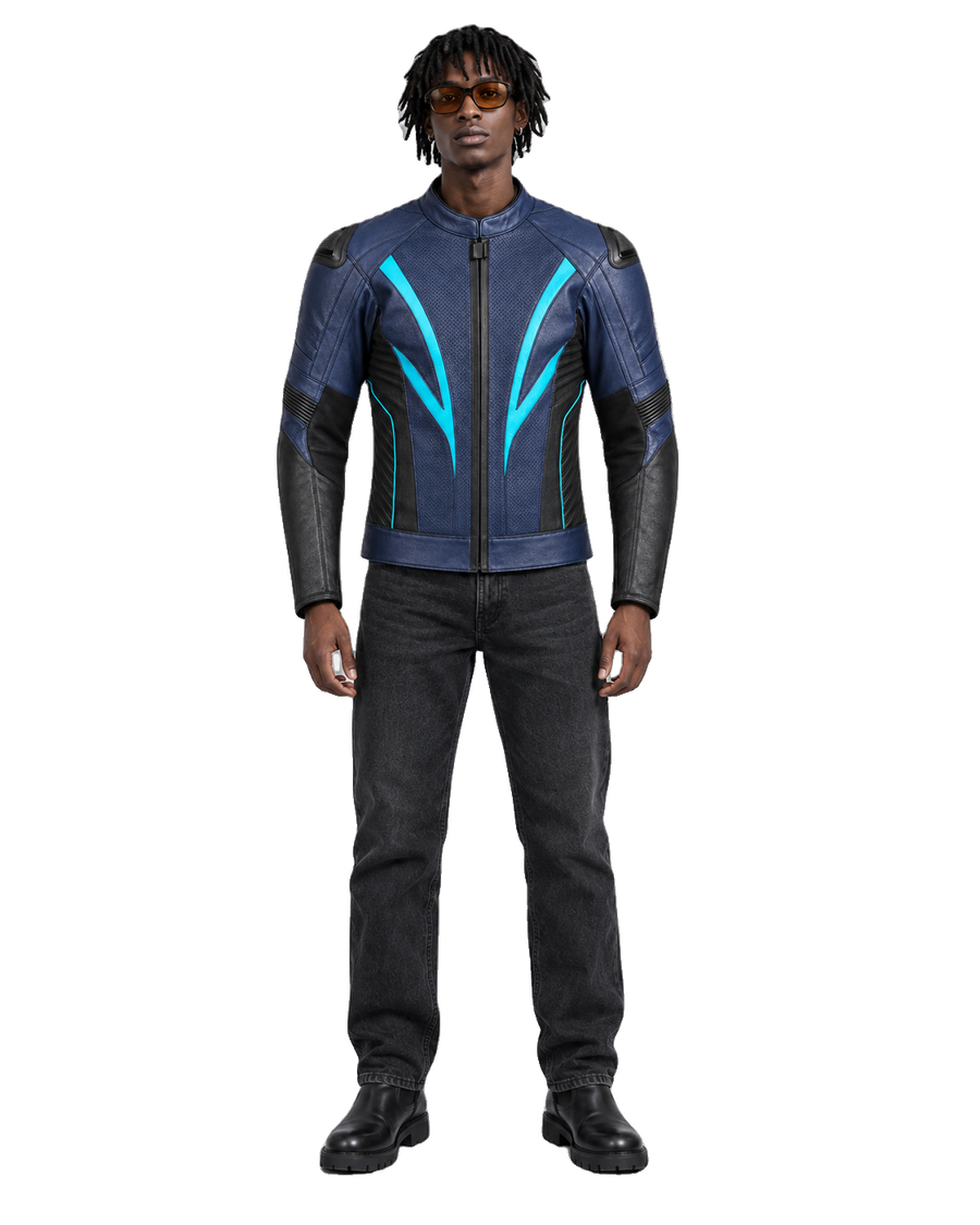 OceanBlade R Leather Motorcycle Racing Jacket front view on male model with transparent background
